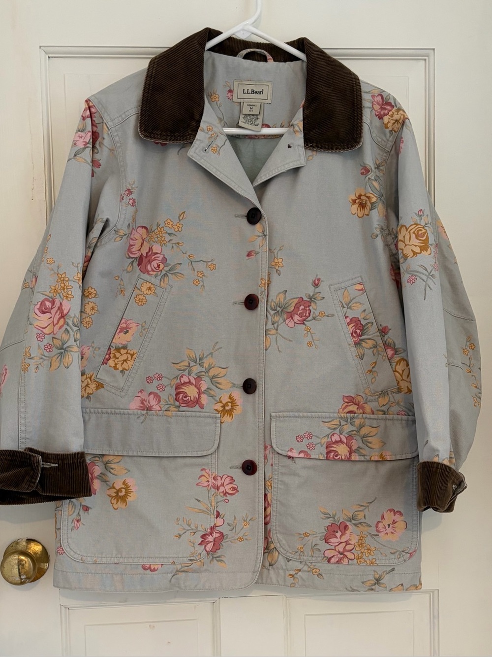 LL Bean Medium P. Light Blue Floral Cotton Adirondack Barn Chore Jacket Like New